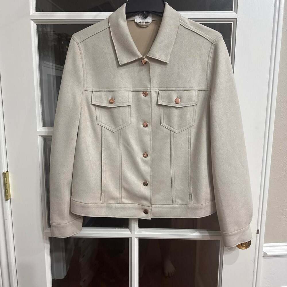 Jaclyn Smith Cream Faux Suede Trucker Jacket